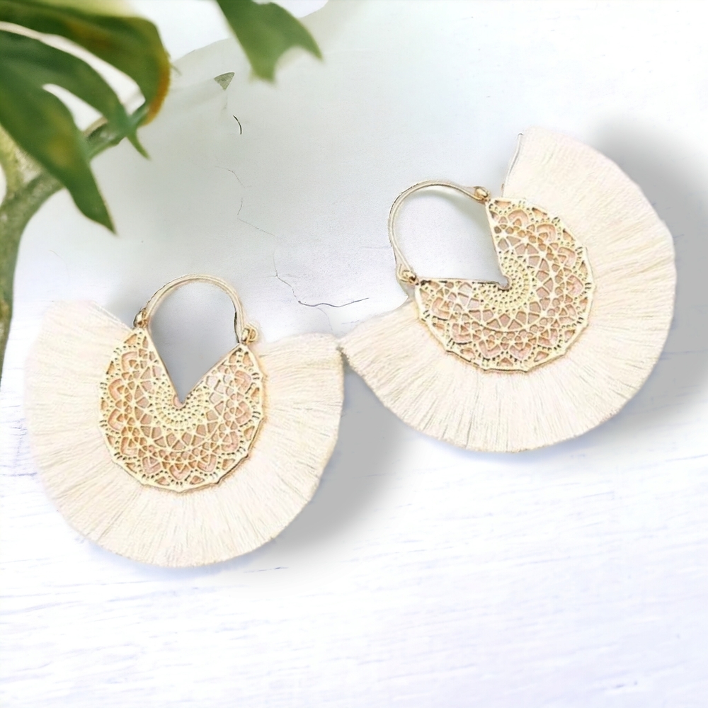 New! Bohemian White & Gold Fan Tassle Earrings
